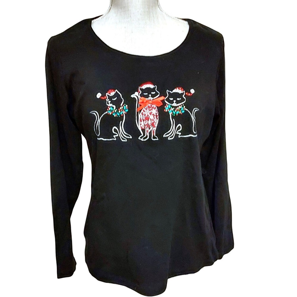 Karen Scott 3 Piece Outfit‎ Women M Red Black Christmas Cat Vest & Shirt Set